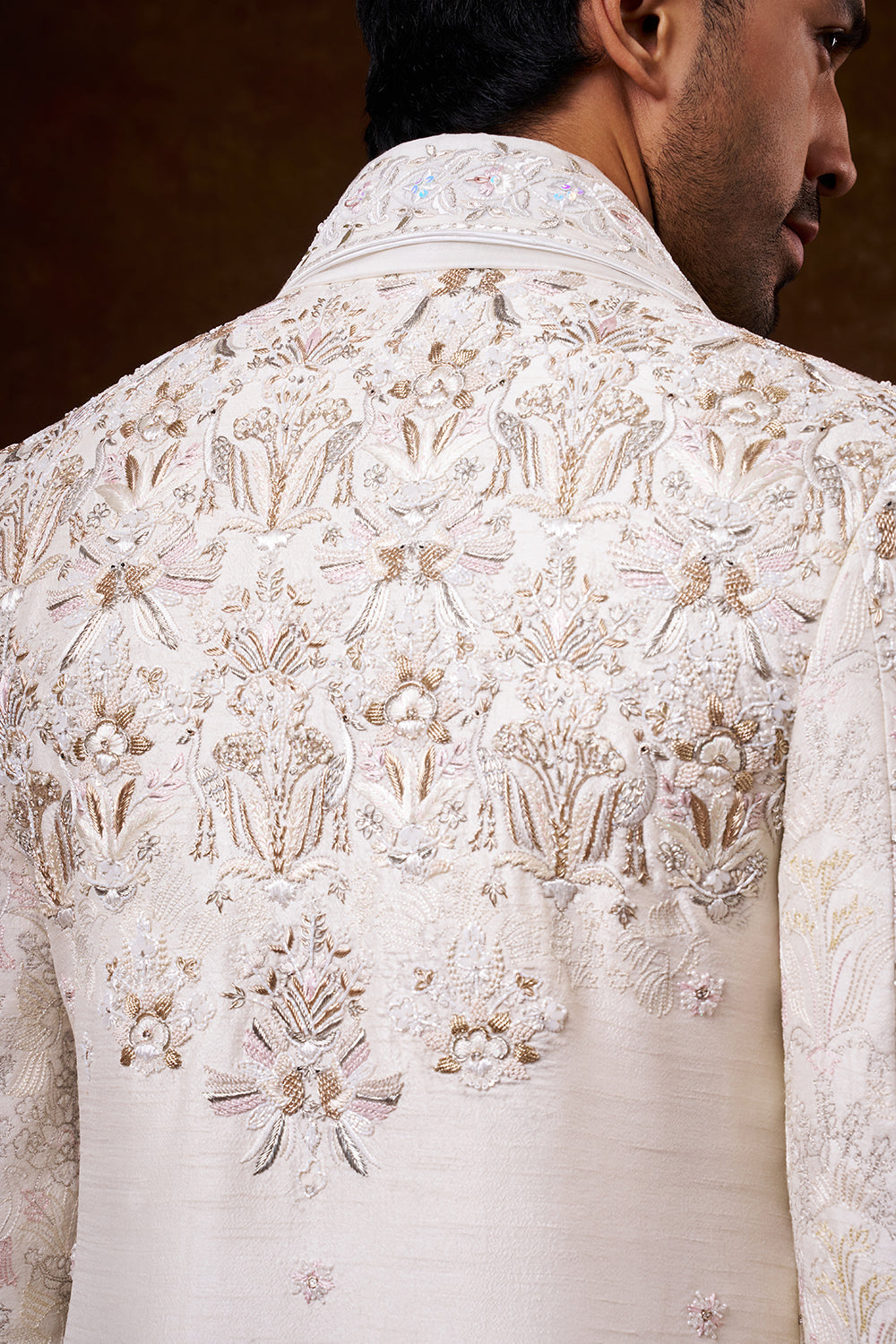 Ivory Nokia Silk Groom’s Sherwani with Zardozi Work