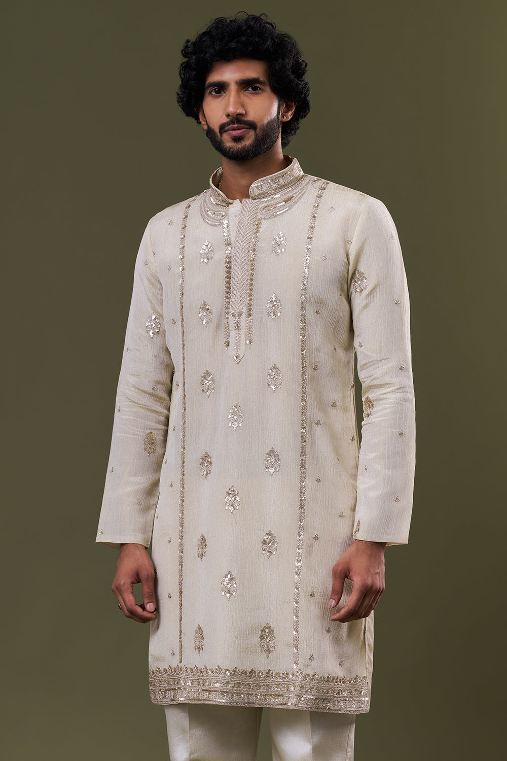 Ivory Polyester Cotton Resham Zari Embellished Kurta Set