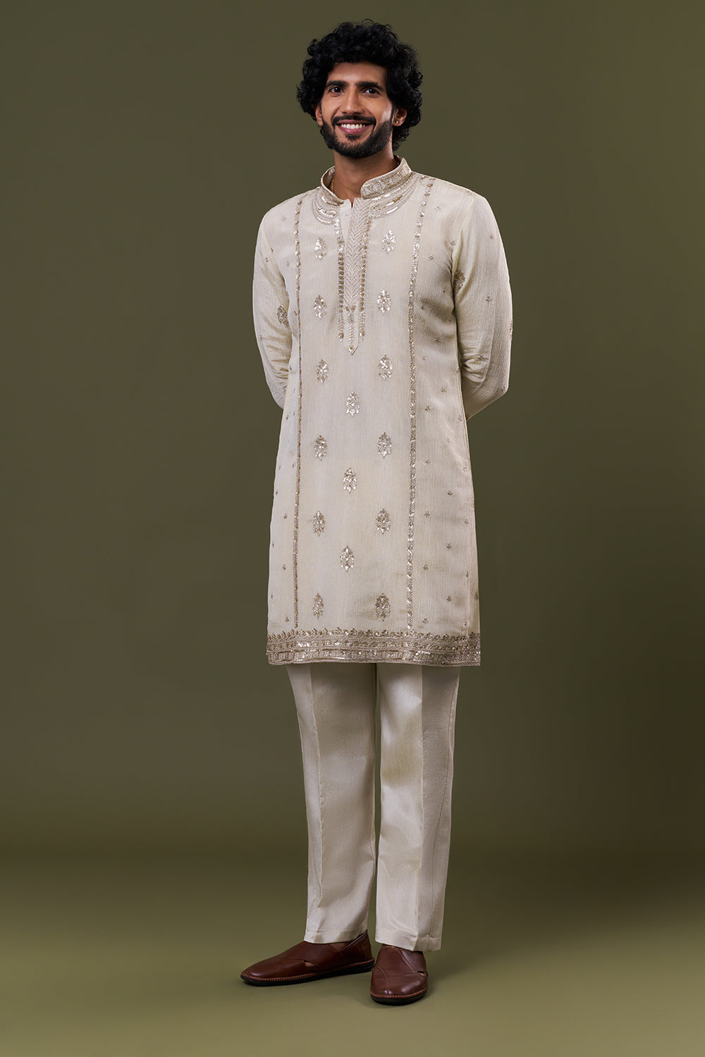 Ivory Polyester Cotton Resham Zari Embellished Kurta Set
