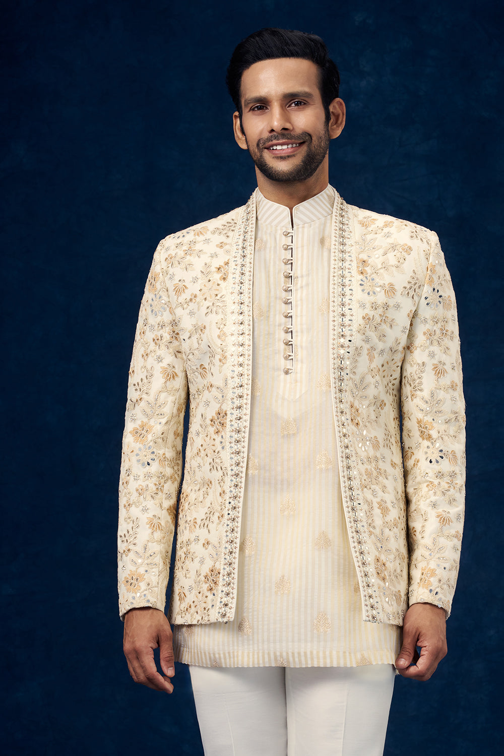 Ivory Premium Crepe Mens Jodhpuri Set with Resham and Mirror Work