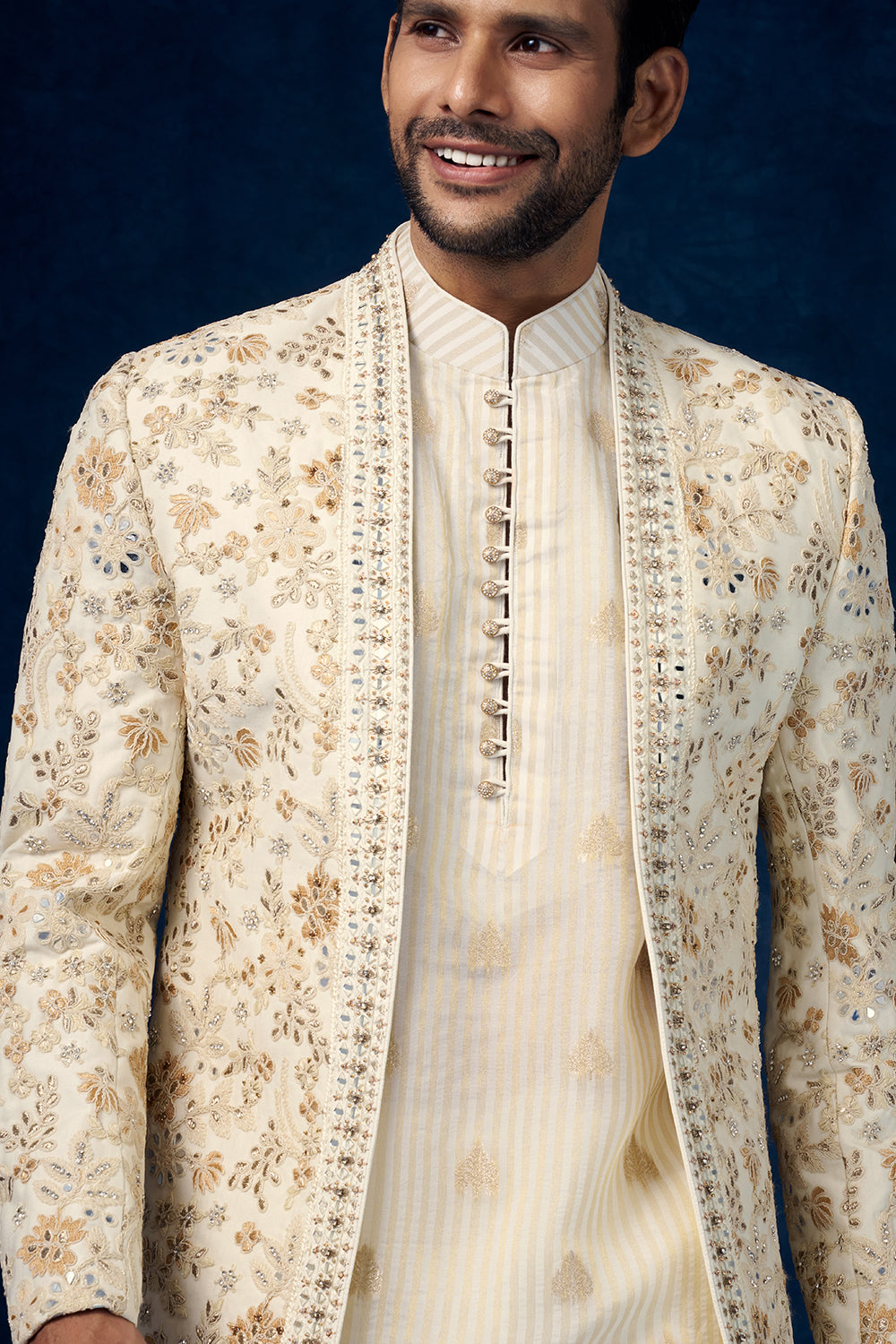 Ivory Premium Crepe Mens Jodhpuri Set with Resham and Mirror Work