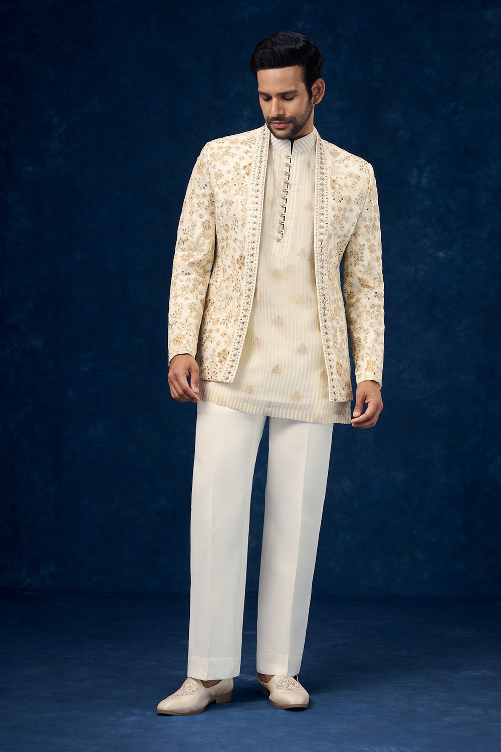 Ivory Premium Crepe Mens Jodhpuri Set with Resham and Mirror Work