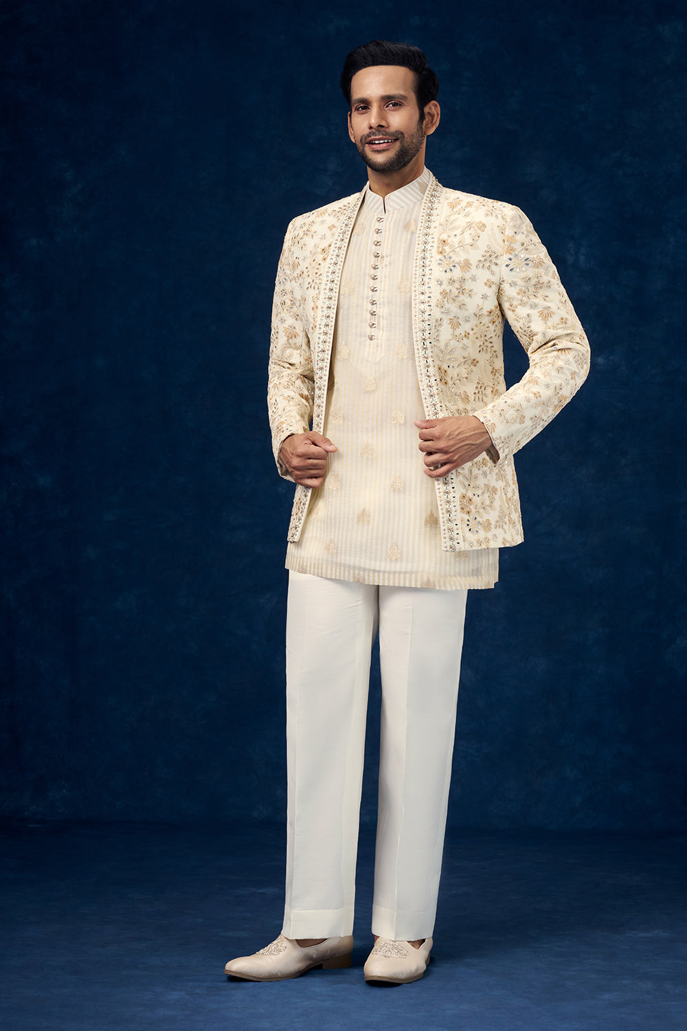 Ivory Premium Crepe Mens Jodhpuri Set with Resham and Mirror Work
