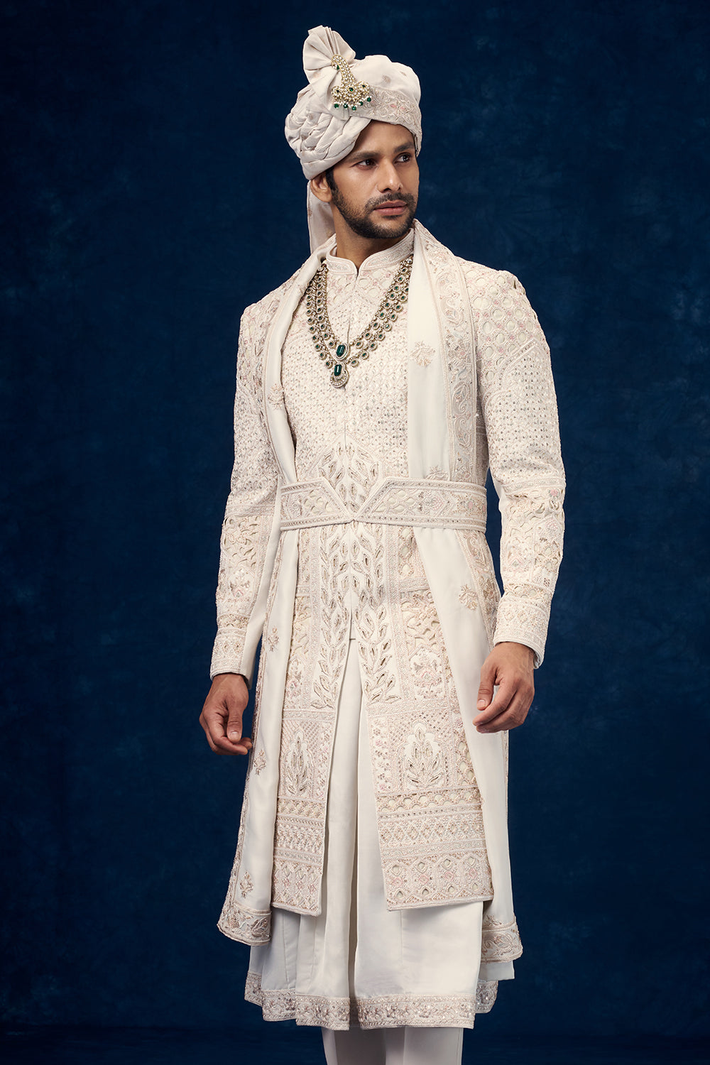 Ivory Raw Silk Embroidered Groom Sherwani with Cutwork and Sequin Work