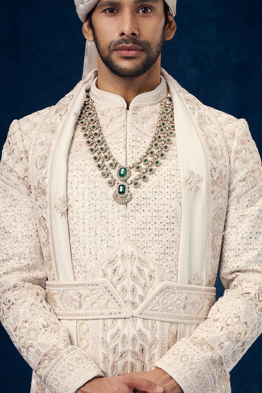 Ivory Raw Silk Embroidered Groom Sherwani with Cutwork and Sequin Work