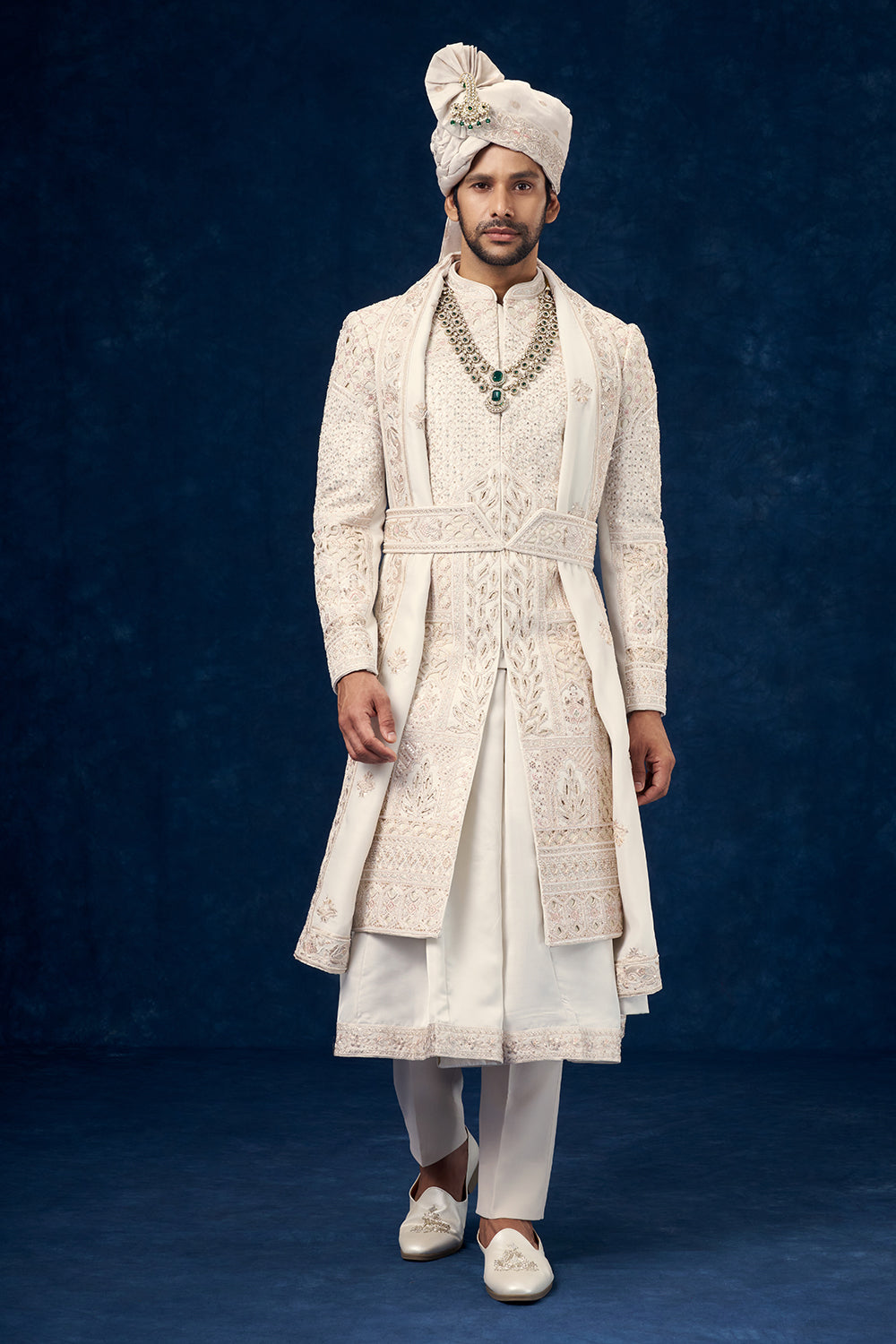 Ivory Raw Silk Embroidered Groom Sherwani with Cutwork and Sequin Work