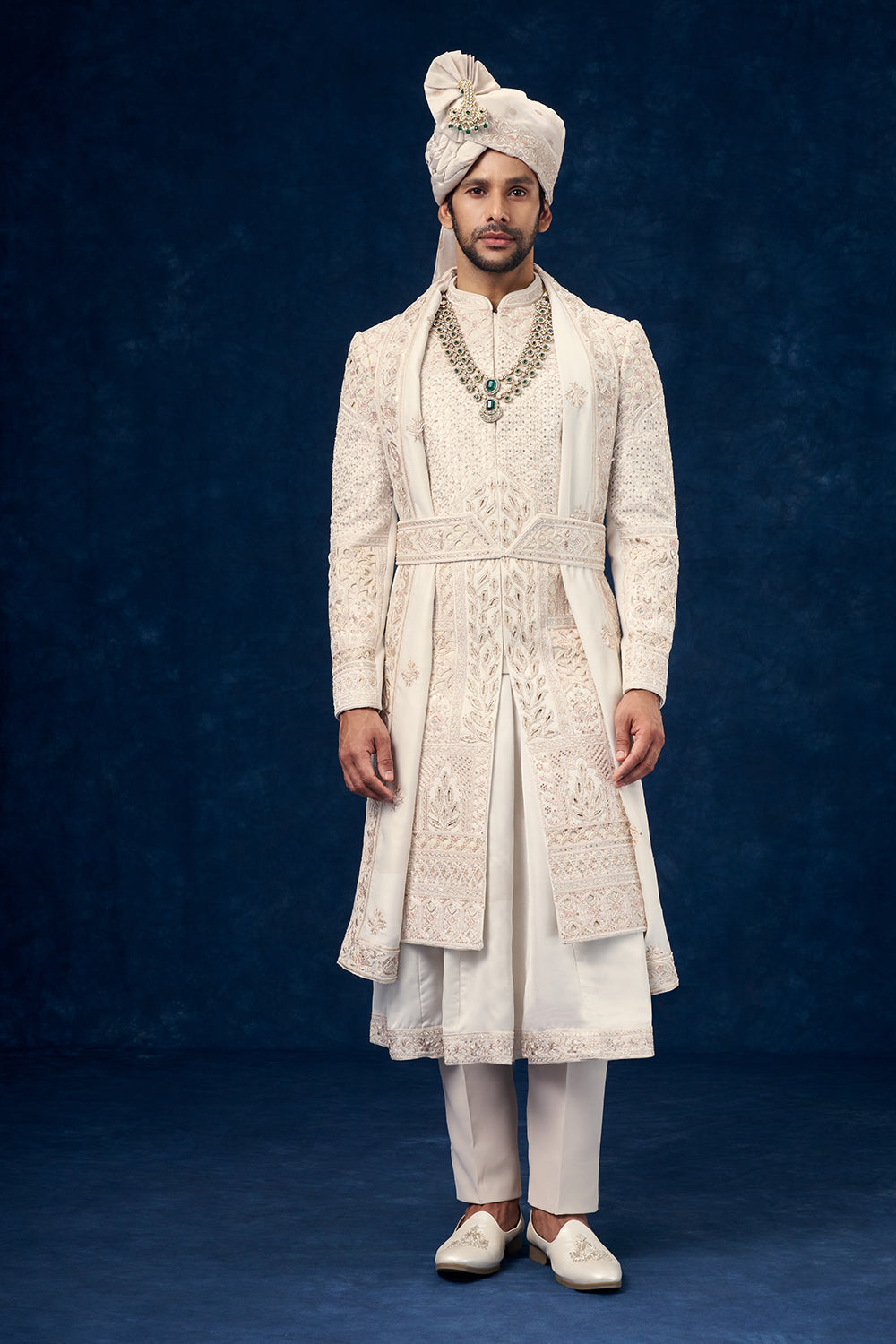 Ivory Raw Silk Embroidered Groom Sherwani with Cutwork and Sequin Work