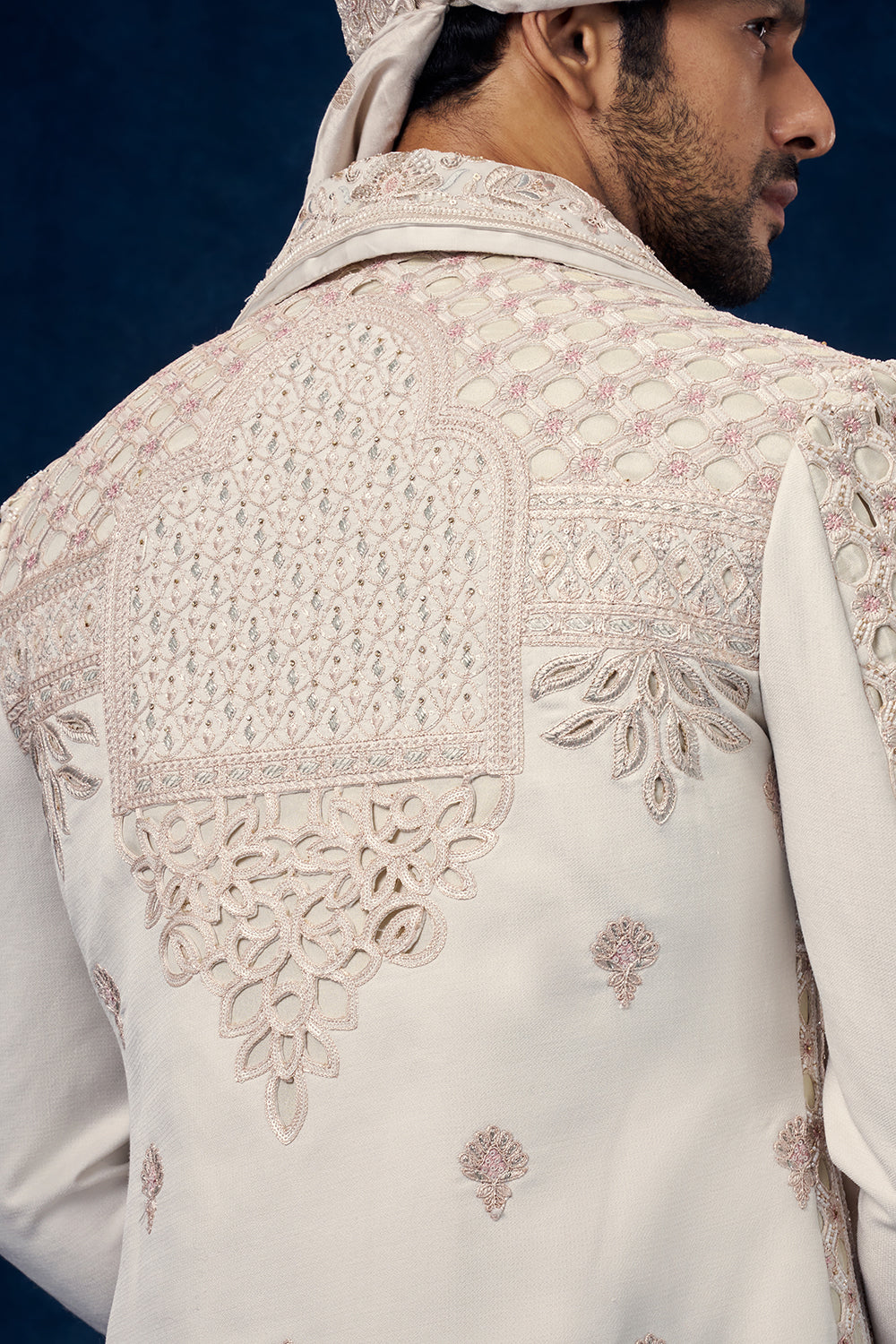 Ivory Raw Silk Embroidered Groom Sherwani with Cutwork and Sequin Work