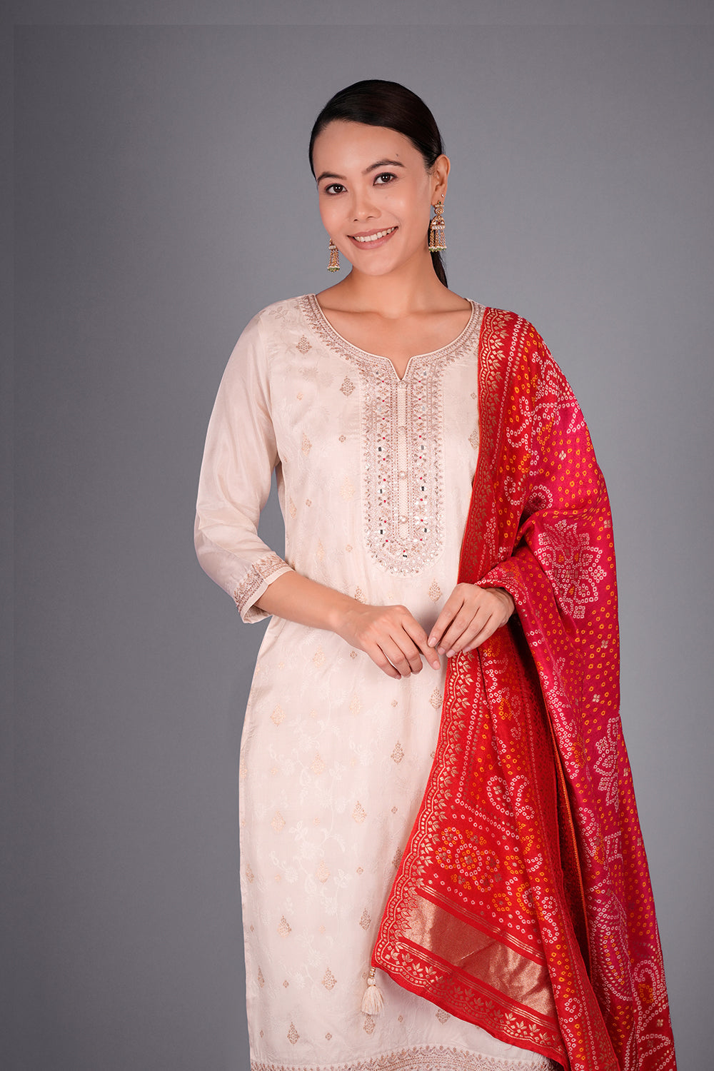 Ivory Self Jacquard Kurta Set with Zari and Mirror Work