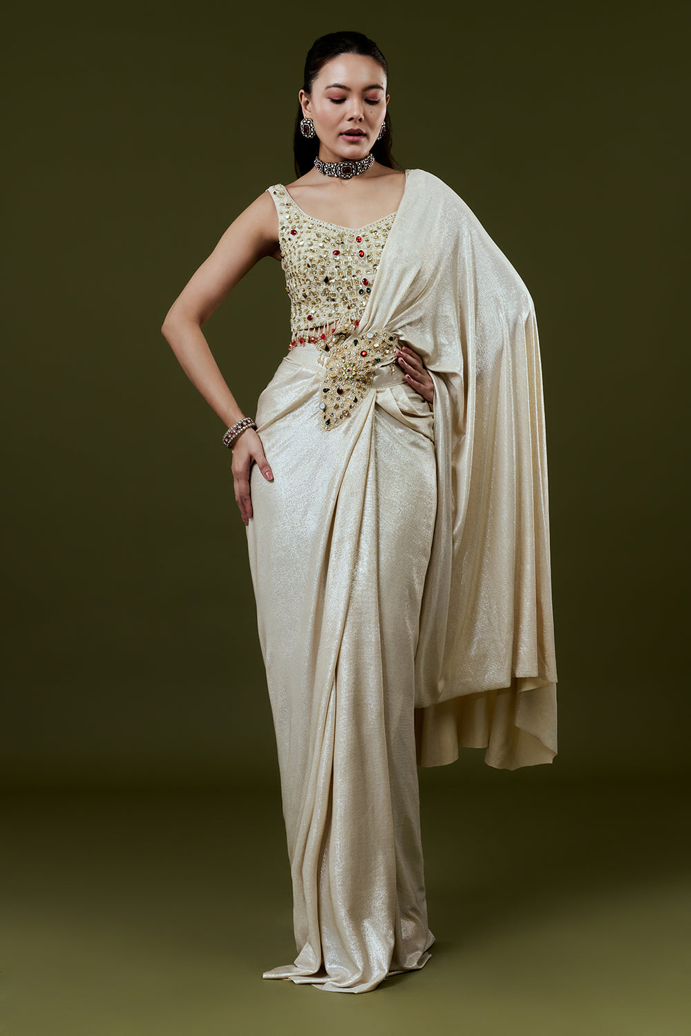 Ivory Shimmer Lycra Ready Pleated Saree with Rhinestone and Pearl Embellishments