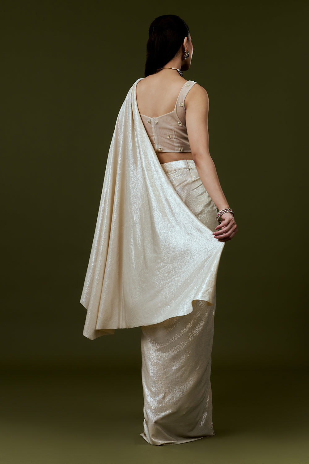 Ivory Shimmer Lycra Ready Pleated Saree with Rhinestone and Pearl Embellishments