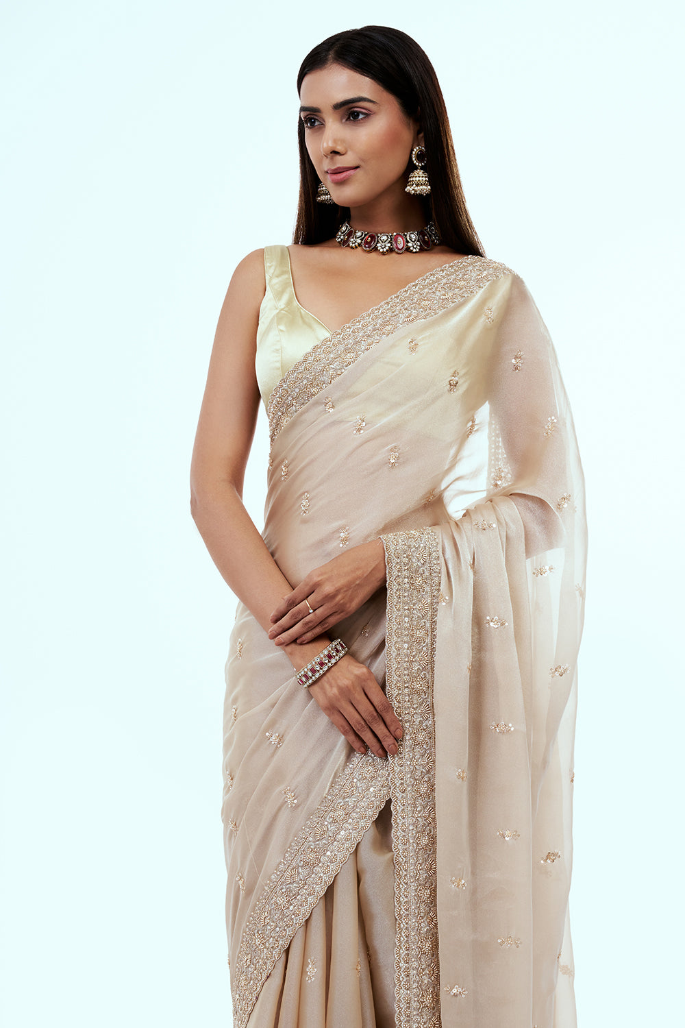 Ivory Shimmer Organza Embroidered Saree