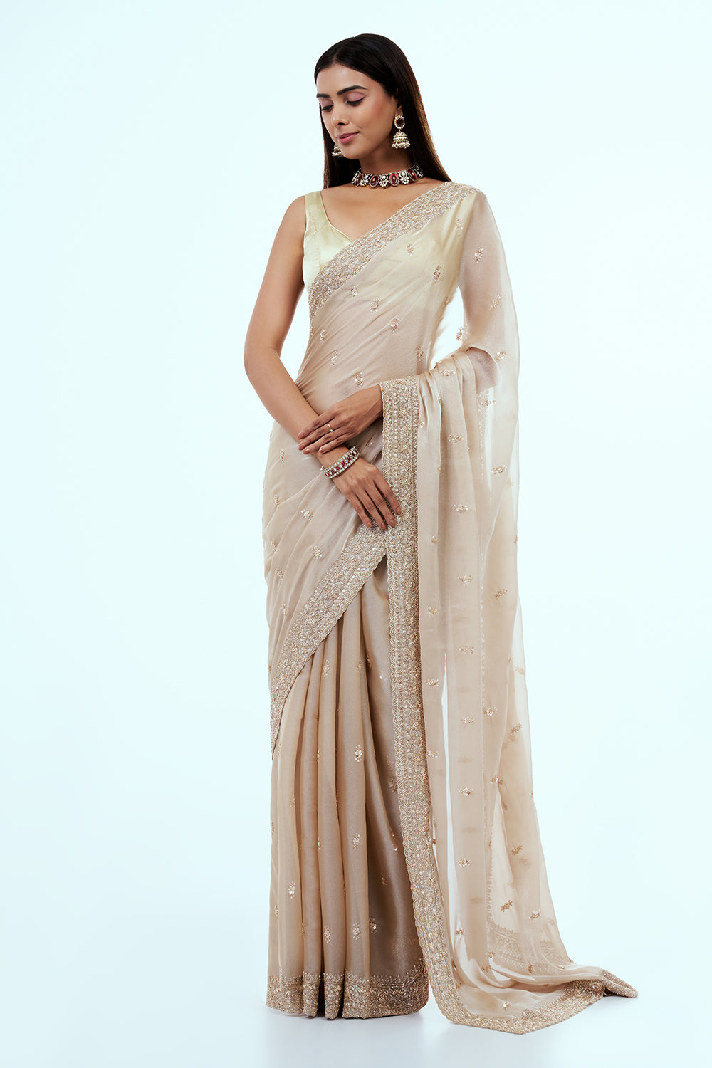 Ivory Shimmer Organza Embroidered Saree