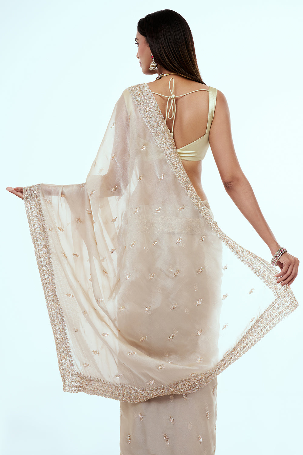 Ivory Shimmer Organza Embroidered Saree