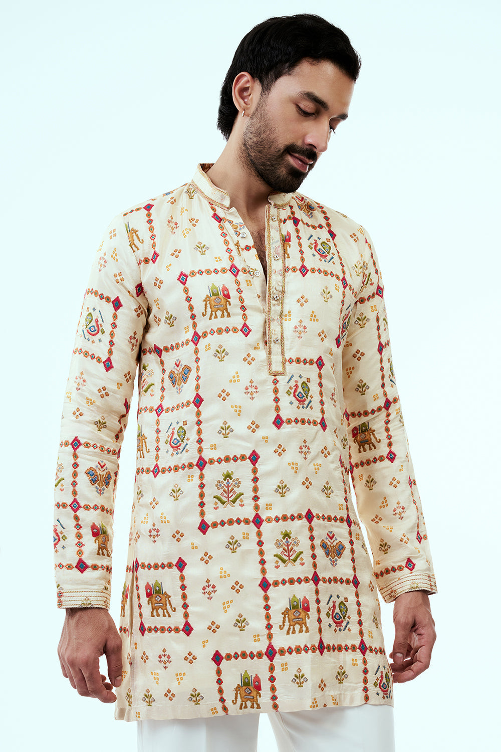Ivory Silk Art Silk Patola Design Mens Kurta Set