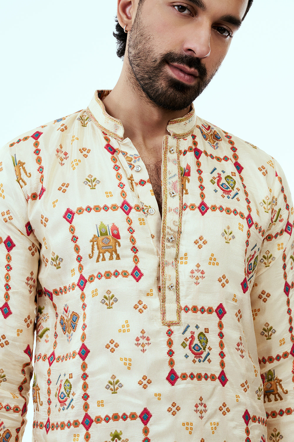 Ivory Silk Art Silk Patola Design Mens Kurta Set