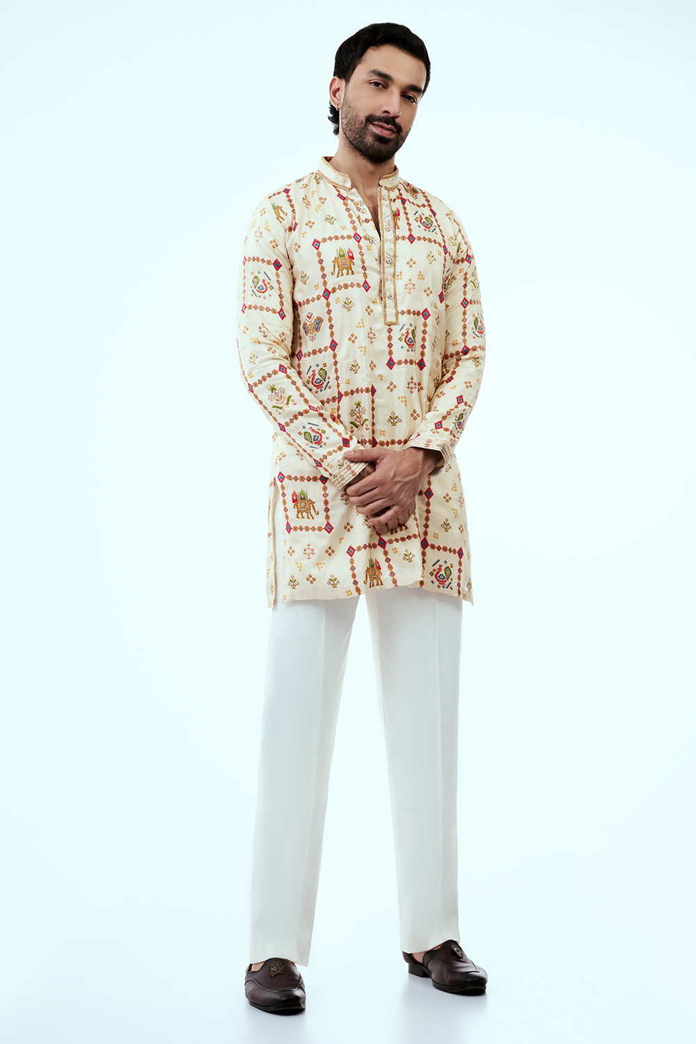 Ivory Silk Art Silk Patola Design Mens Kurta Set