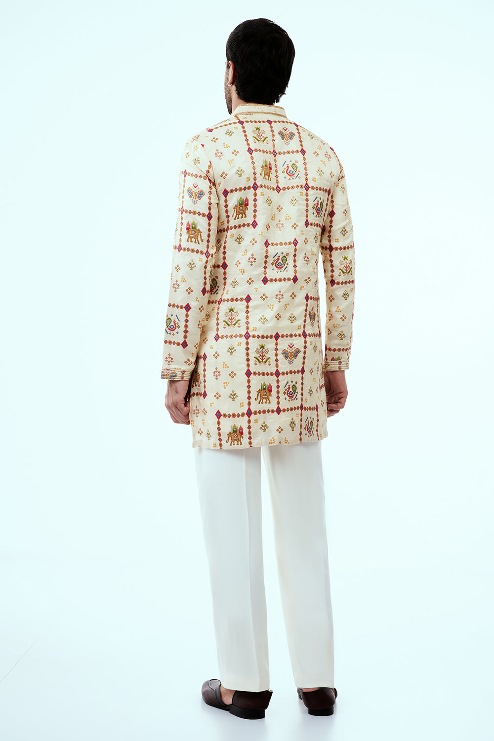 Ivory Silk Art Silk Patola Design Mens Kurta Set