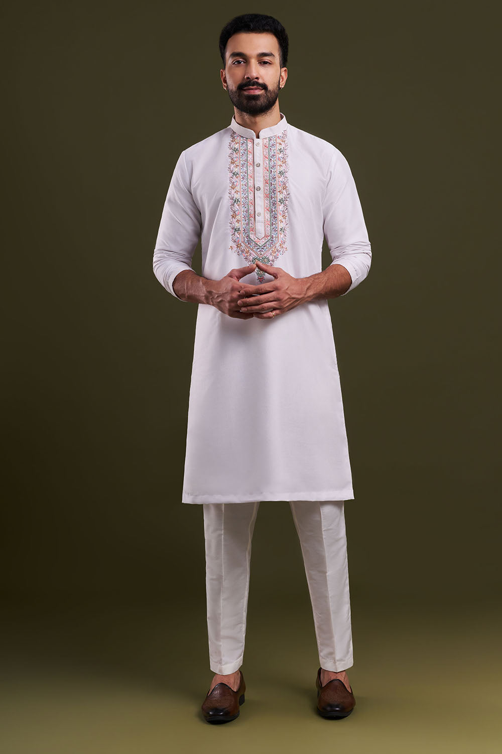 Ivory Silk Blend Festive Embellished Men's Kurta Set