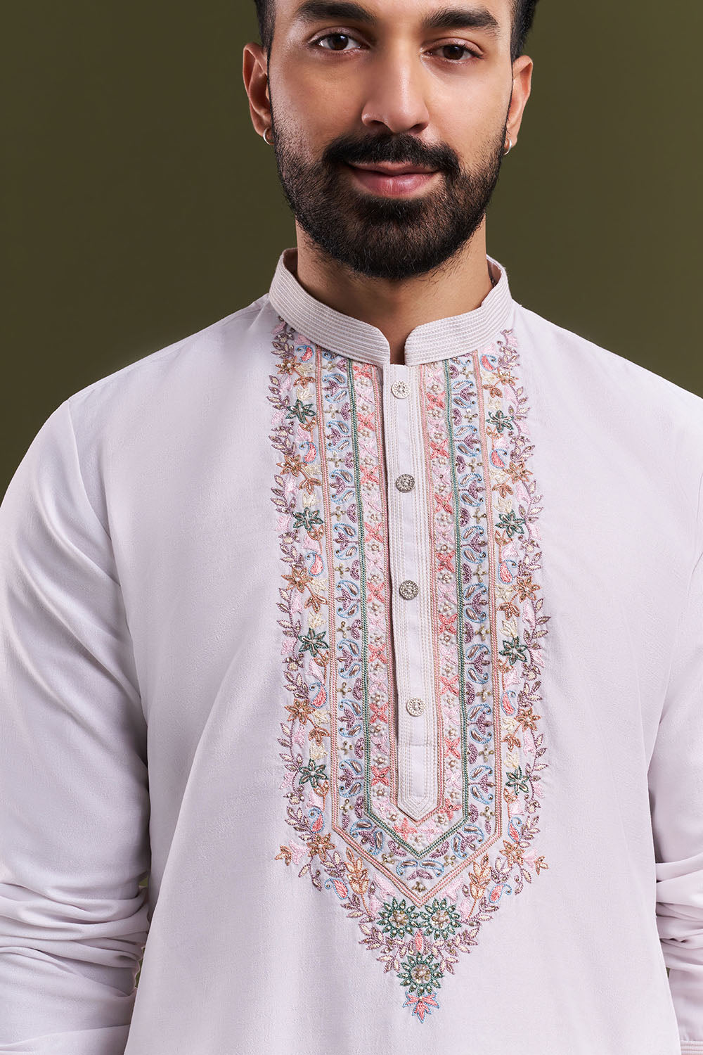 Ivory Silk Blend Festive Embellished Men's Kurta Set