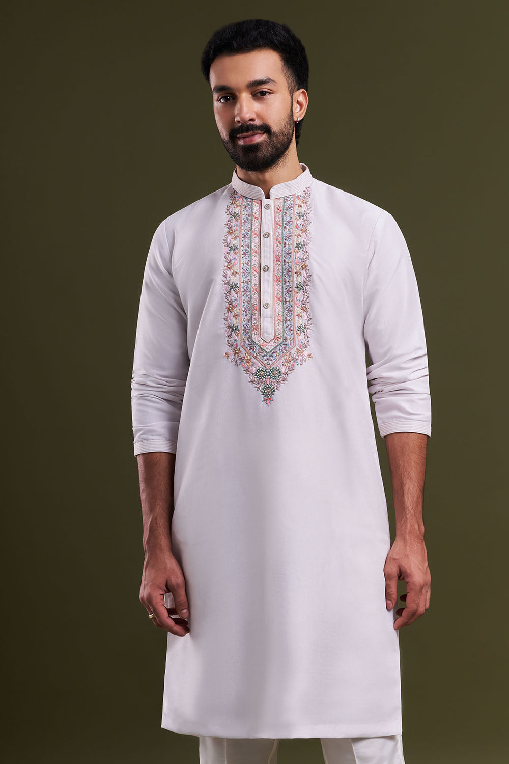 Ivory Silk Blend Festive Embellished Men's Kurta Set