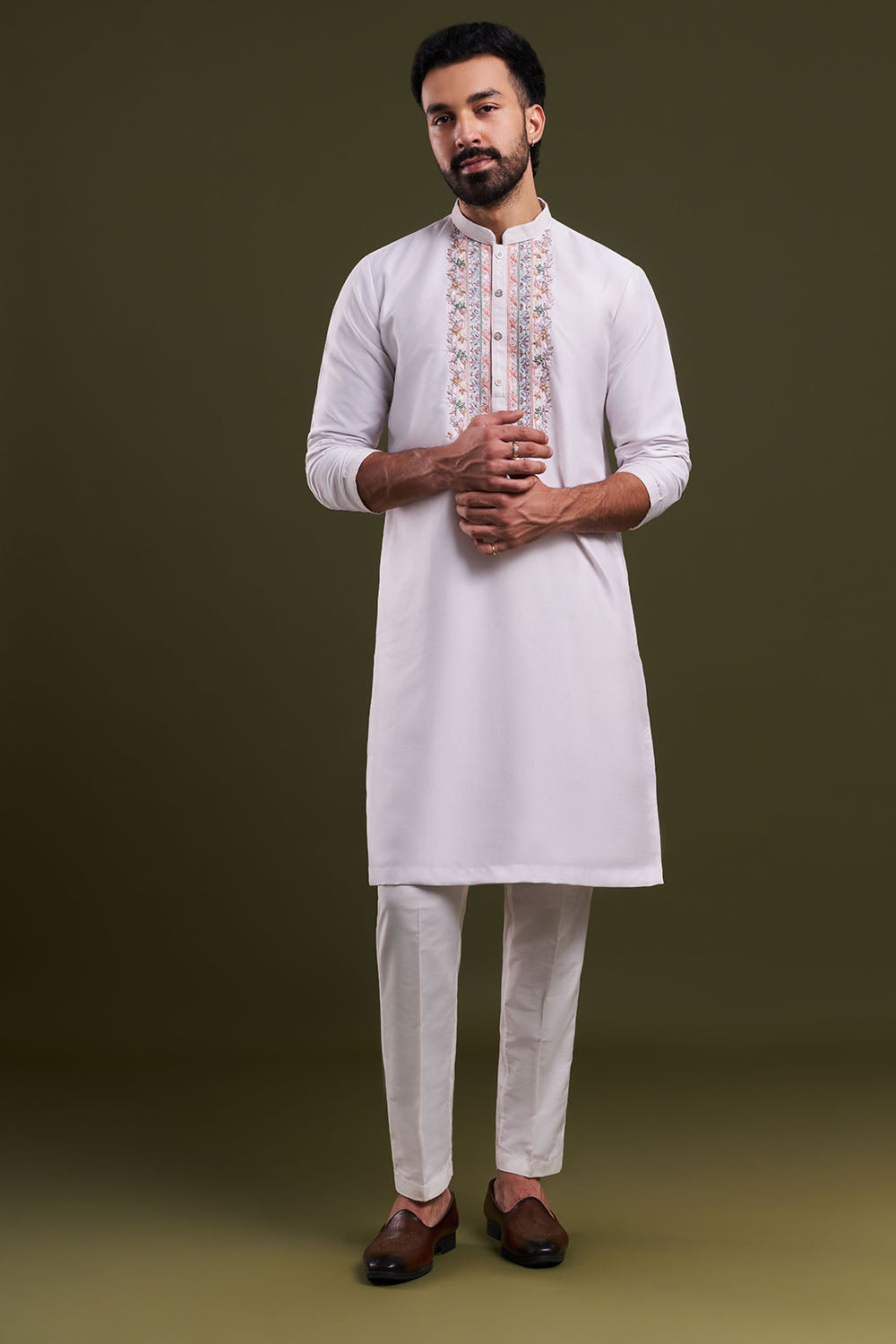 Ivory Silk Blend Festive Embellished Men's Kurta Set
