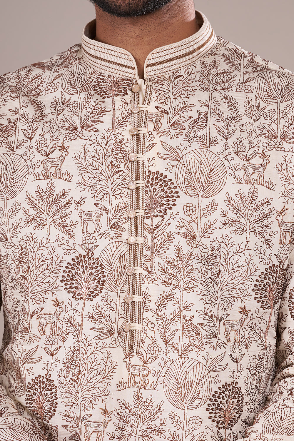 Ivory Silk Blend Men's Kurta Set with Nature-Inspired Threadwork