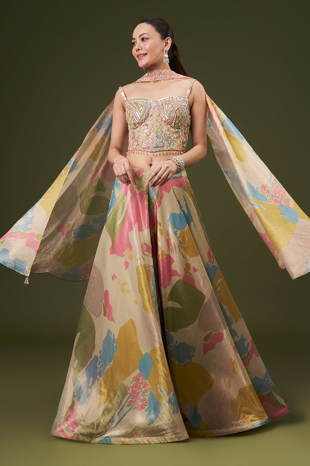 Ivory Tissue Crop Top Style Suit with Pearl and Cutdana Work