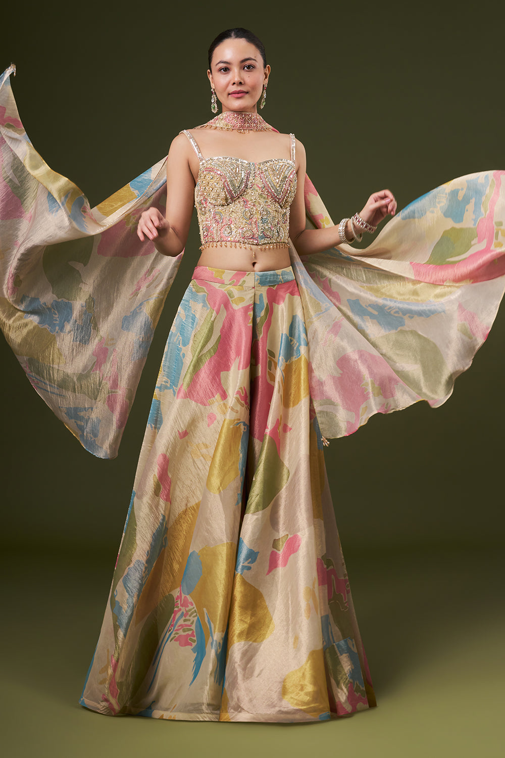Ivory Tissue Crop Top Style Suit with Pearl and Cutdana Work