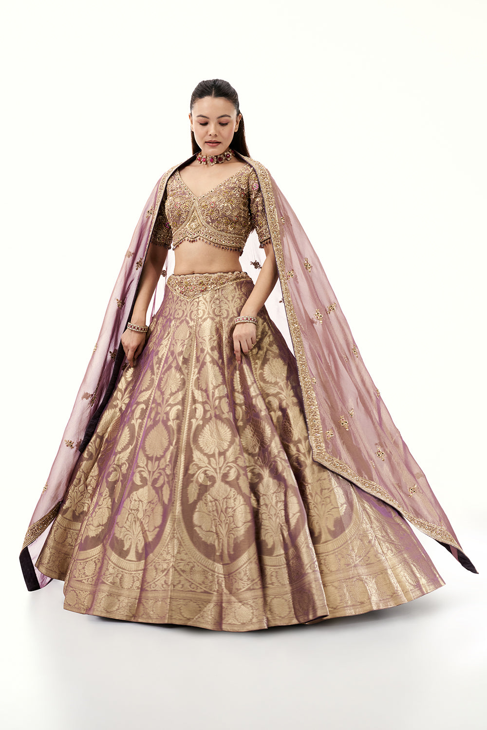 Lavendar Brocade Silk Lehenga with Golden Zari Embroidery