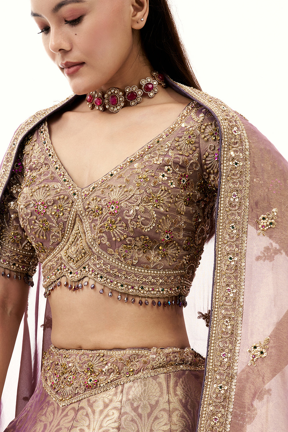 Lavendar Brocade Silk Lehenga with Golden Zari Embroidery