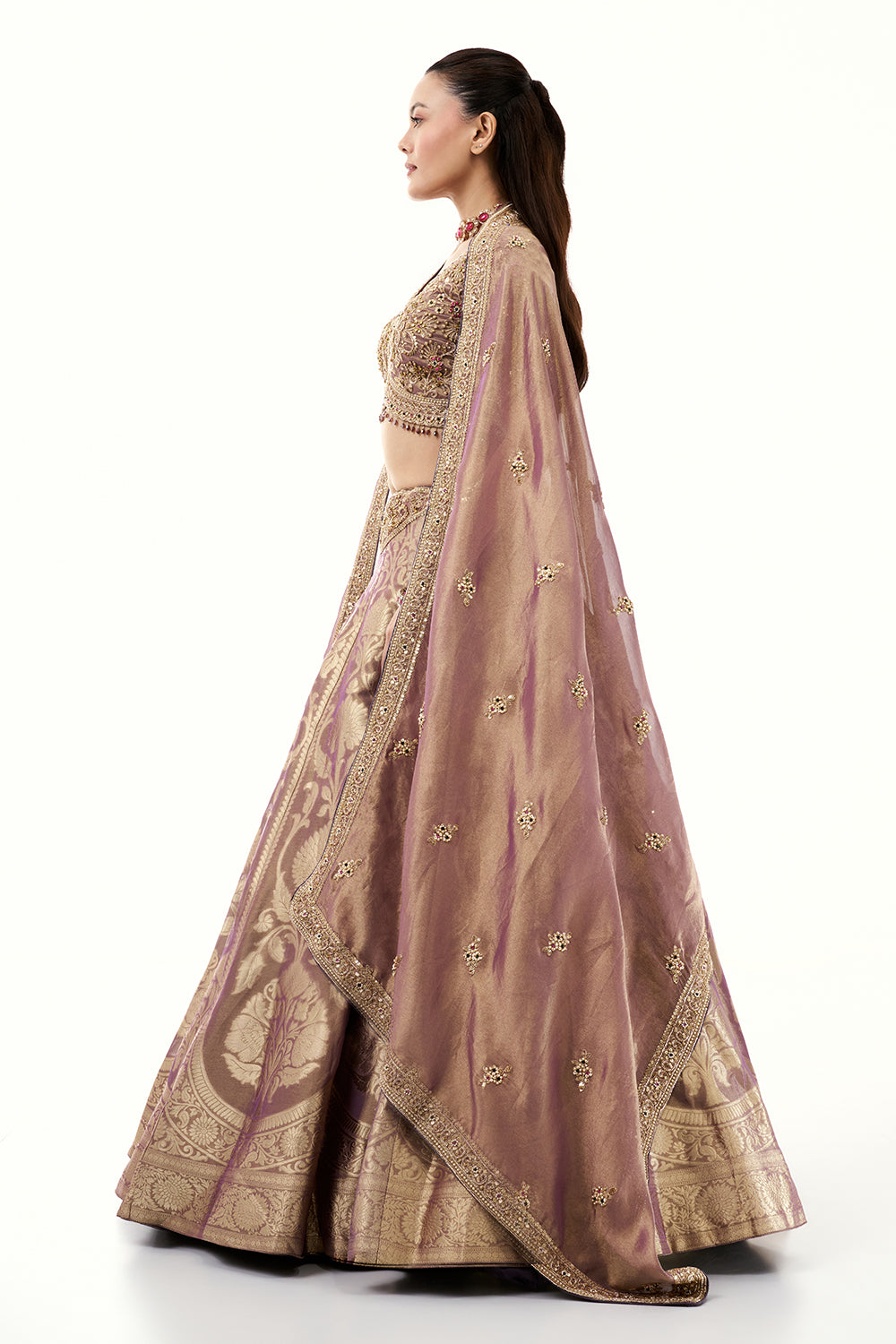 Lavendar Brocade Silk Lehenga with Golden Zari Embroidery