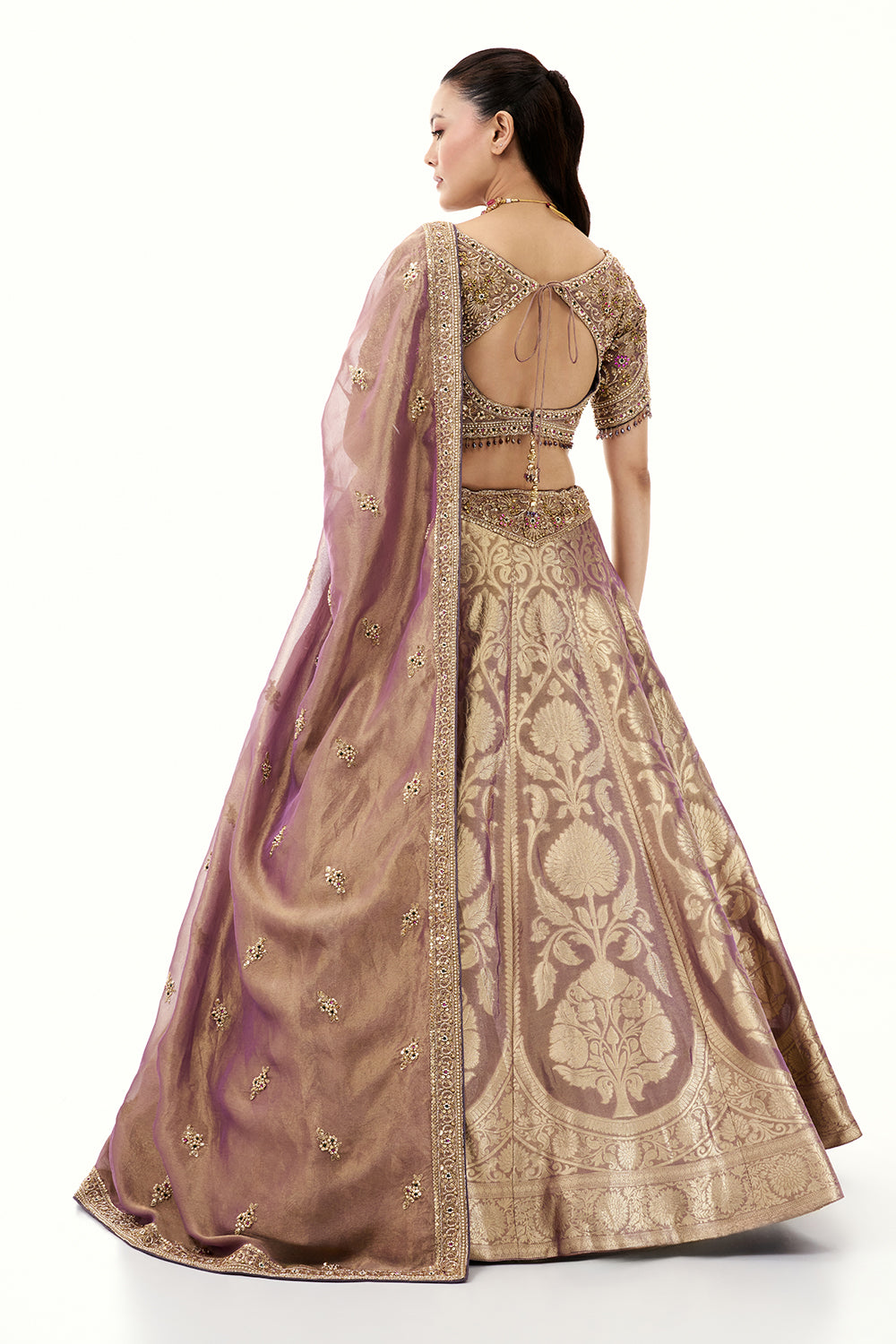 Lavendar Brocade Silk Lehenga with Golden Zari Embroidery