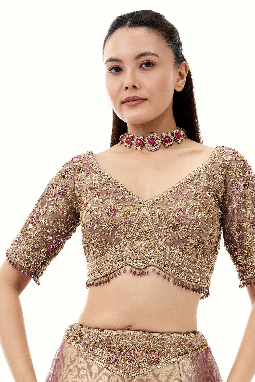 Lavendar Brocade Silk Lehenga with Golden Zari Embroidery