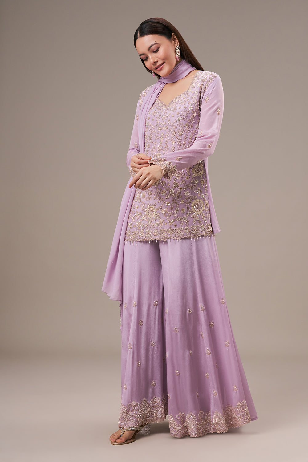 Lavender Chinon Palazzo Suit with Pearl and Zardosi Work