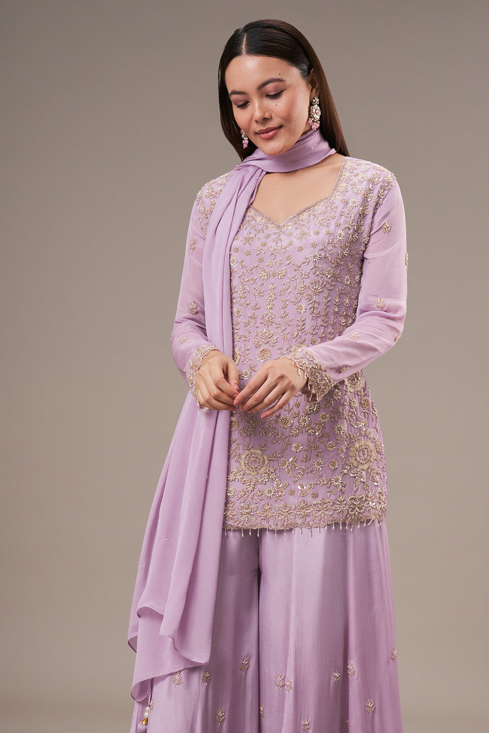 Lavender Chinon Palazzo Suit with Pearl and Zardosi Work