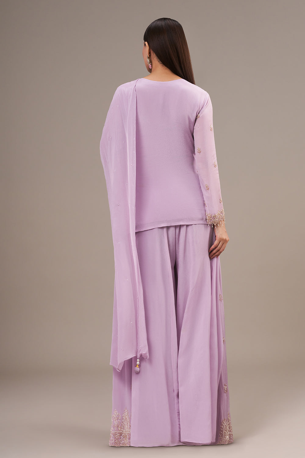 Lavender Chinon Palazzo Suit with Pearl and Zardosi Work