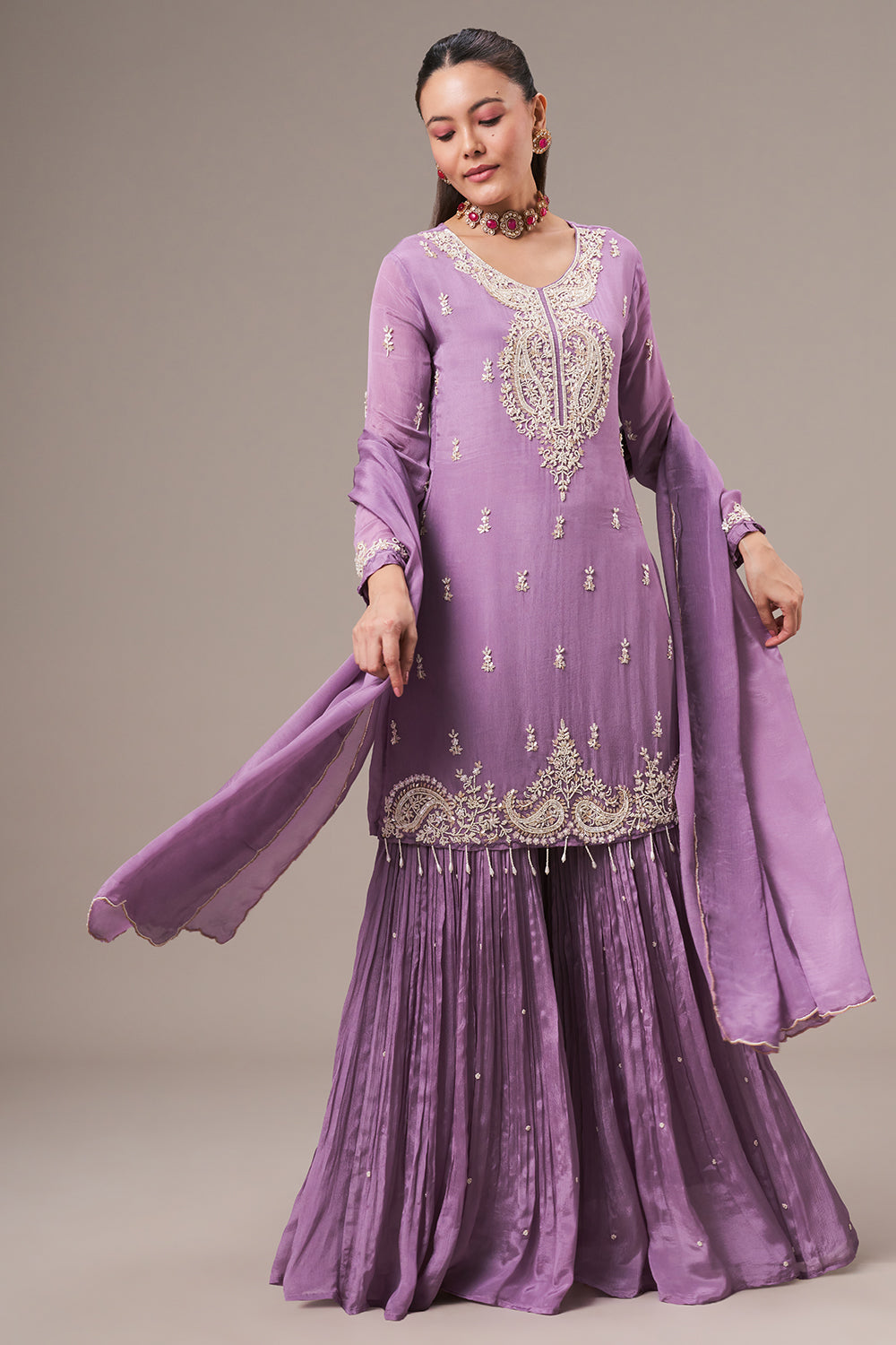Lavender Chinon Sharara Suit with Pearl and Sequin Work