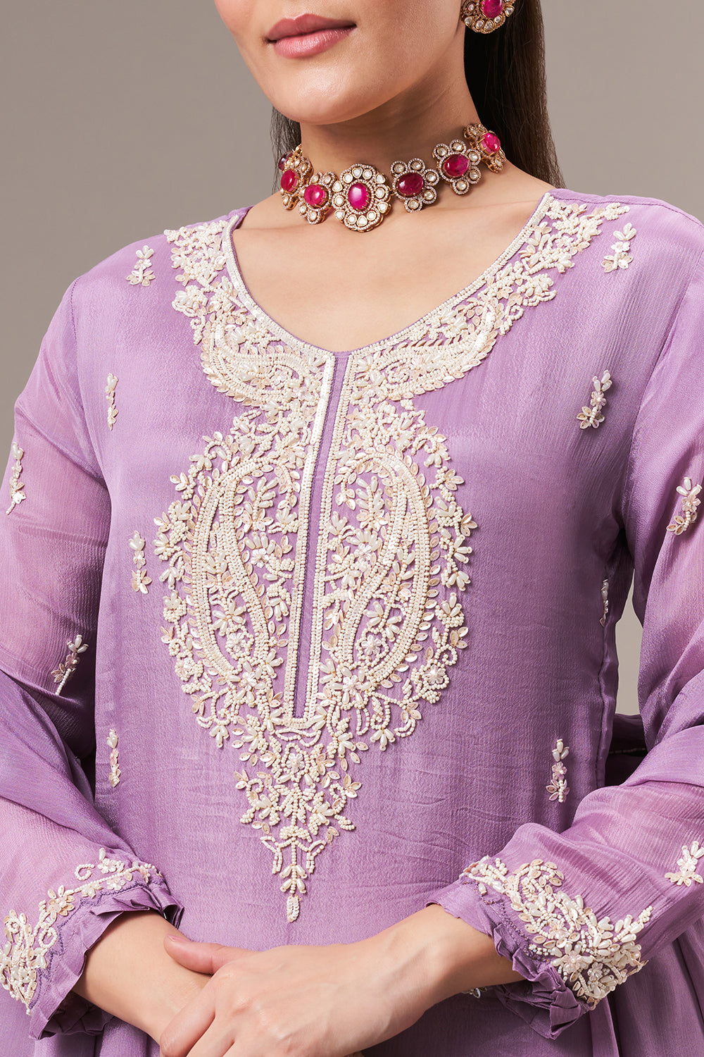 Lavender Chinon Sharara Suit with Pearl and Sequin Work