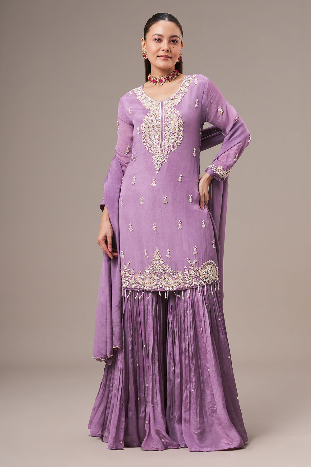 Lavender Chinon Sharara Suit with Pearl and Sequin Work
