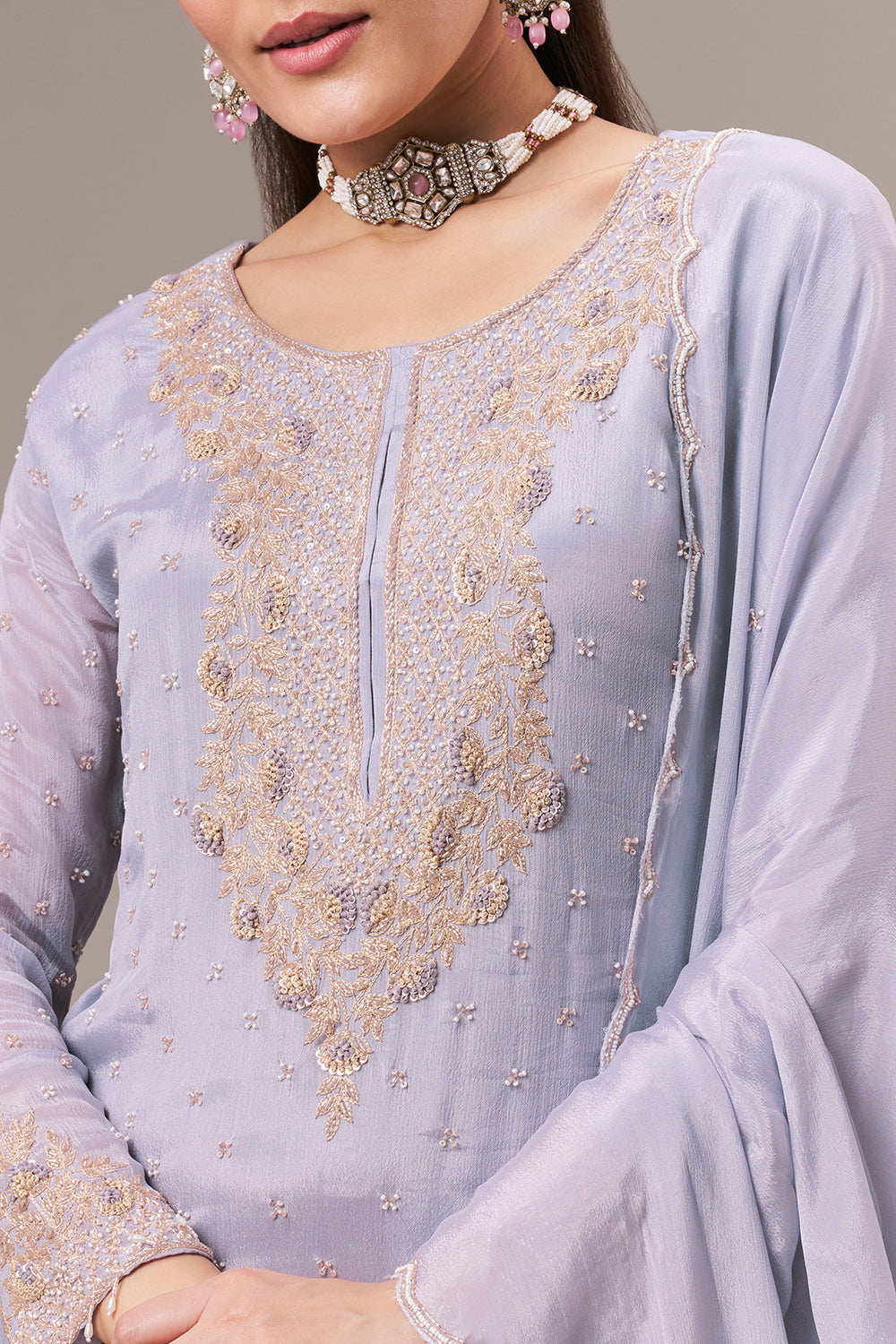 Lavender Chinon Sharara Suit with Resham and Cutdana Work
