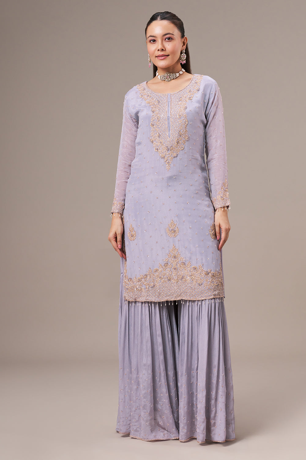 Lavender Chinon Sharara Suit with Resham and Cutdana Work