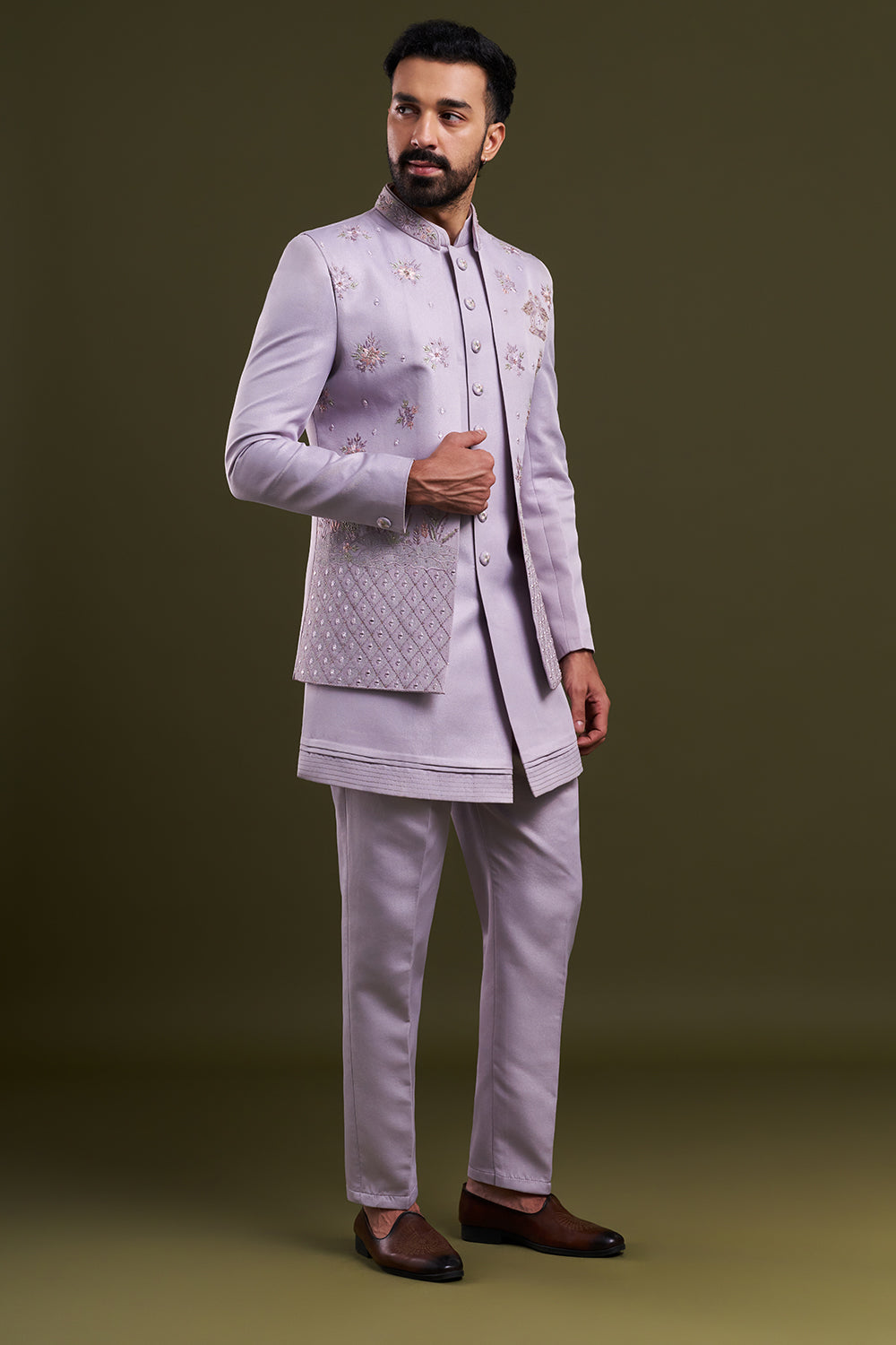 Lavender Embellished Men's Kurta with Jacket