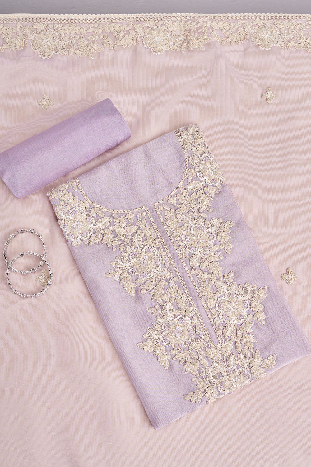 Lavender Floral Embroidered Unstitched Suit Set