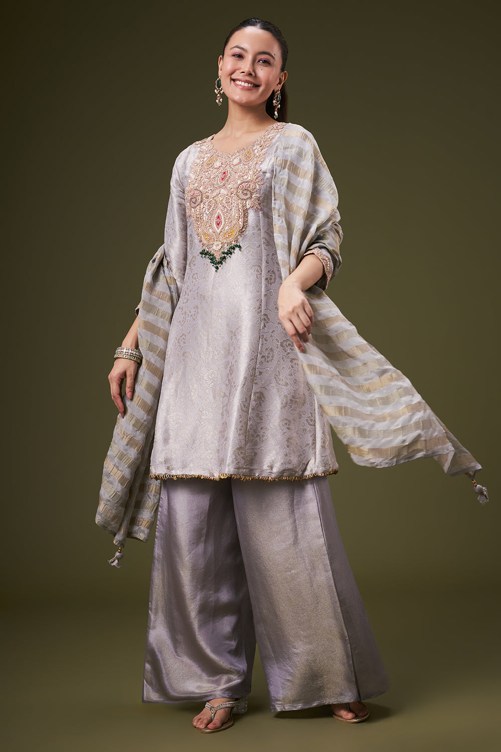 Lavender Grey Brocade Palazzo Suit with Zardosi and Gota Work