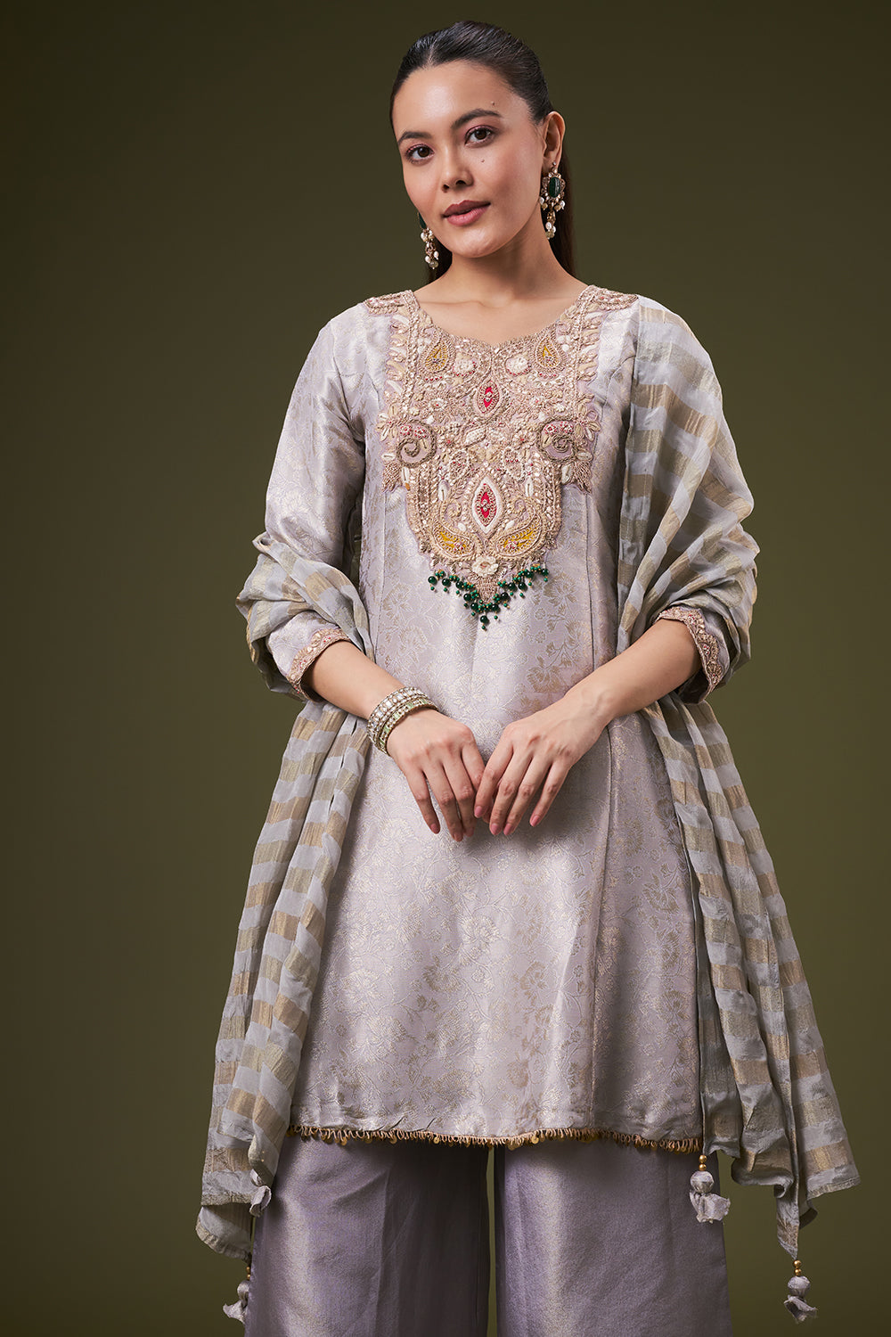 Lavender Grey Brocade Palazzo Suit with Zardosi and Gota Work