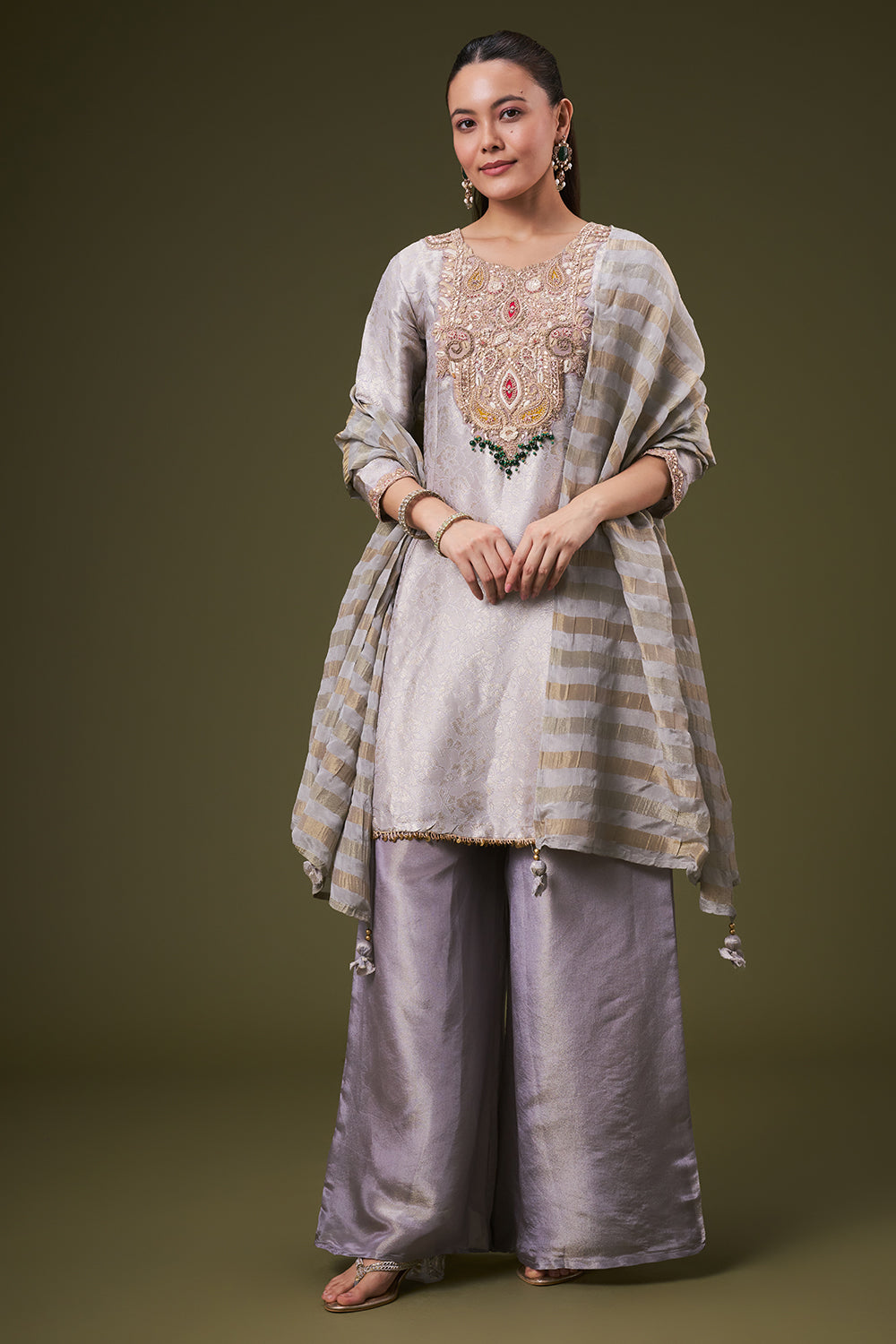 Lavender Grey Brocade Palazzo Suit with Zardosi and Gota Work