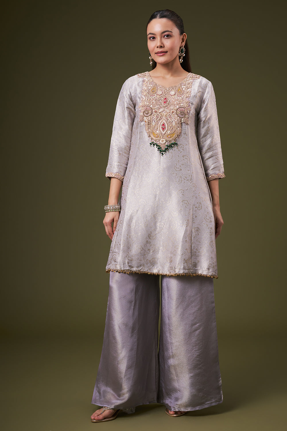 Lavender Grey Brocade Palazzo Suit with Zardosi and Gota Work