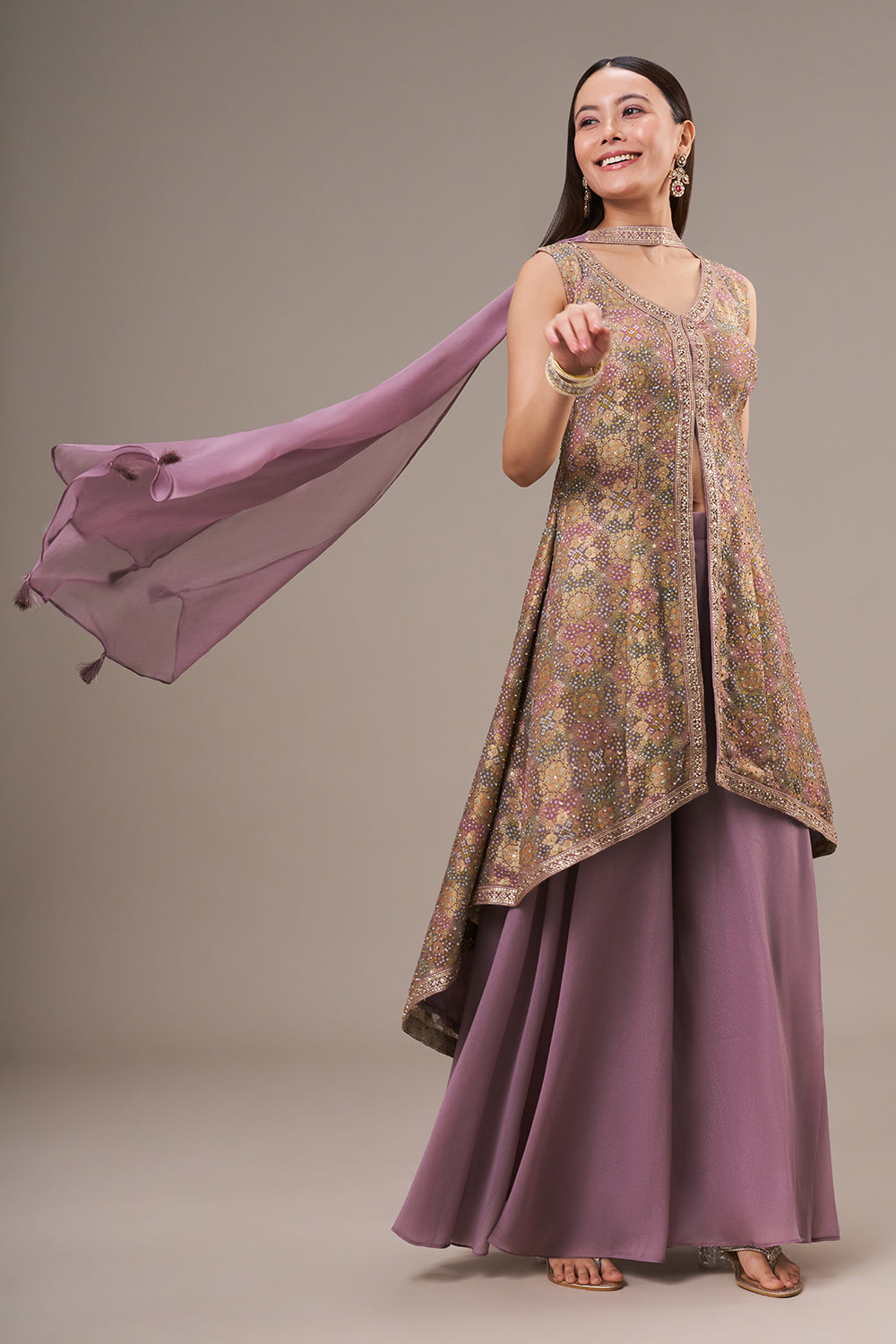 Lavender Khadi Georgette Palazzo Suit with Sequin and Zari Work