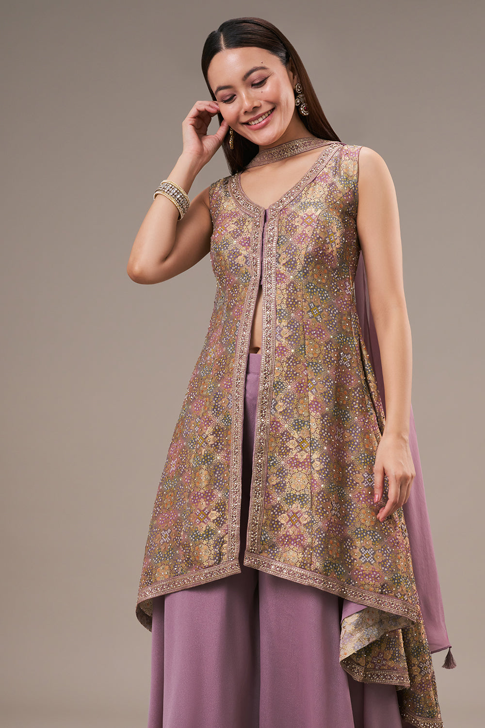 Lavender Khadi Georgette Palazzo Suit with Sequin and Zari Work